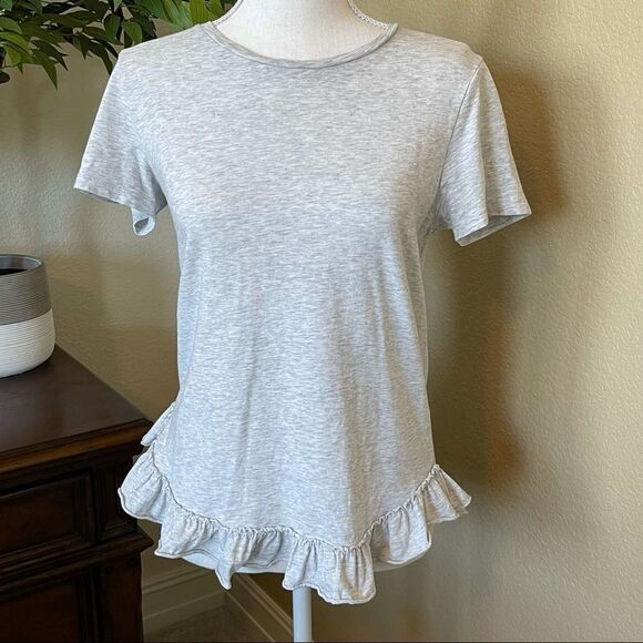 Banana Republic Limited Edition Heather Gray Striped Ruffled Tee Shirt Top XS - Picture 2 of 3